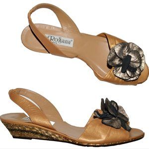 d'Rossana Charna New $138 Vtg Sz 7.5 8 M Gold Leather Wedge Heel Sandals Italy